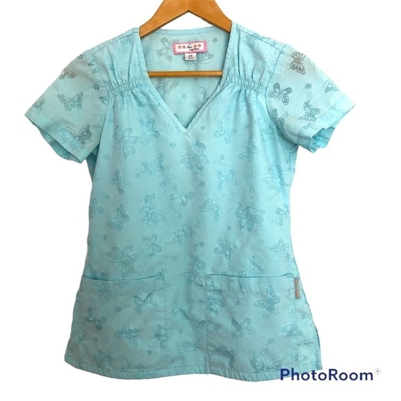 KOI turquoise scrub uniform top. Butterfly print & embroidery. Size XS - Picture 1 of 9